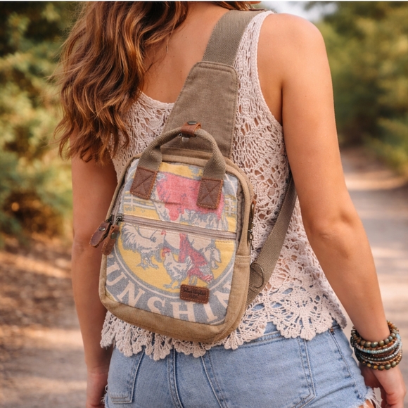 Selina Vaughan Studios Canvas Mini Backpack Crossbody Rooster Print Tan Boho - Picture 4 of 16